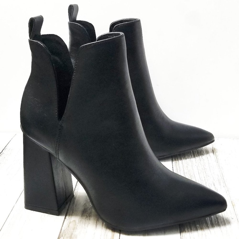 New Black V Cutout Point Toe Chunky Heel Ankle Boots Booties